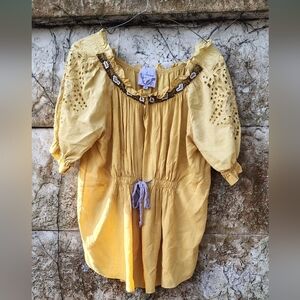 Anthropologie ~Sains Embellished Ocre Peasant Top Lucerne Lace Cutwork Sz S